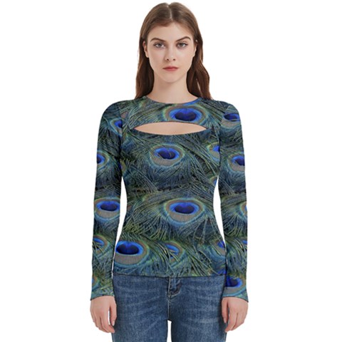 Peacock Feathers Details Women s Cut Out Long Sleeve T