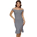 Circles Checkered Abstract Abstraction Art Off Shoulder Ruffle Split Hem Bodycon Dress