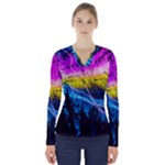 Night Skiing Colored Dead Grateful Lights Mountain V-Neck Long Sleeve Top