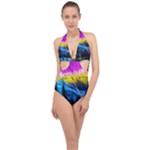 Night Skiing Colored Dead Grateful Lights Mountain Halter Front Plunge Swimsuit