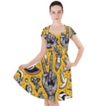 Yellow Template Design Cap Sleeve Midi Dress With Pockets