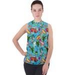 Summer Pattern Seamless Mock Neck Chiffon Sleeveless Top