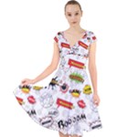 Pattern Seamless Texture Cartoon Cap Sleeve Front Wrap Midi Dress