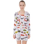 Pattern Seamless Texture Cartoon V-neck Bodycon Long Sleeve Dress