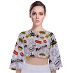 Pattern Seamless Texture Cartoon Tie Back Butterfly Sleeve Chiffon Top