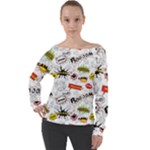 Pattern Seamless Texture Cartoon Off Shoulder Long Sleeve Velour Top