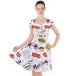 Pattern Seamless Texture Cartoon Cap Sleeve Midi Dress With Pockets