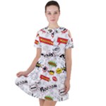 Pattern Seamless Texture Cartoon Short Sleeve Shoulder Cut Out Dress 