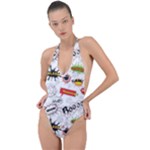 Pattern Seamless Texture Cartoon Backless Halter One Piece Swimsuit