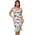 Pattern Seamless Texture Cartoon Off Shoulder Ruffle Split Hem Bodycon Dress