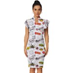 Pattern Seamless Texture Cartoon Vintage Frill Sleeve V-Neck Bodycon Dress