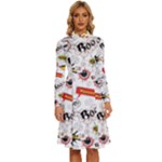 Pattern Seamless Texture Cartoon Long Sleeve Shirt Collar A-Line Dress