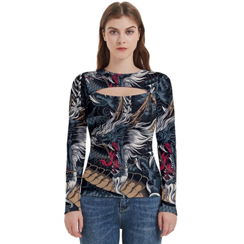 Dragon Snake Legend Japanese Mythology Women s Cut Out Long Sleeve T