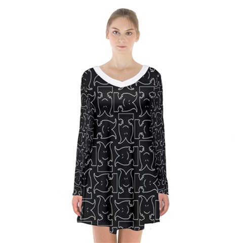 Enigmatic Demon Black and White Pattern Long Sleeve Velvet V