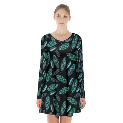 Leaves Pattern Abstract Blade Long Sleeve Velvet V