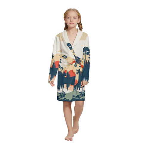 Summer Lake Forest Sunset Deer Water Kids  Long Sleeve Velvet Lounge Robe from ArtsNow.com