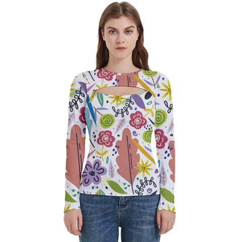 Summer Flowers Spring Background Women s Cut Out Long Sleeve T