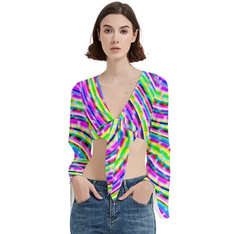 Neon Trippy Swirls Twirls Design Trumpet Sleeve Cropped Top from ArtsNow.com