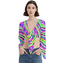 Neon Trippy Swirls Twirls Design Trumpet Sleeve Cropped Top from ArtsNow.com