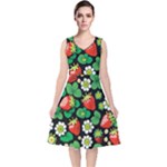 Strawberries Pattern V-Neck Midi Sleeveless Dress 