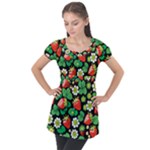 Strawberries Pattern Puff Sleeve Tunic Top