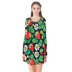 Strawberries Pattern Long Sleeve V-neck Flare Dress