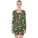 Strawberries Pattern V-neck Bodycon Long Sleeve Dress