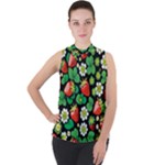 Strawberries Pattern Mock Neck Chiffon Sleeveless Top