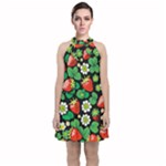 Strawberries Pattern Velvet Halter Neckline Dress 