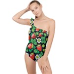 Strawberries Pattern Frilly One Shoulder Swimsuit