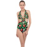 Strawberries Pattern Halter Front Plunge Swimsuit