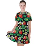 Strawberries Pattern Short Sleeve Shoulder Cut Out Dress 