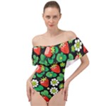 Strawberries Pattern Off Shoulder Velour Bodysuit 