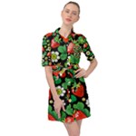 Strawberries Pattern Belted Shirt Dress