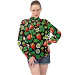 Strawberries Pattern High Neck Long Sleeve Chiffon Top