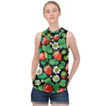 Strawberries Pattern High Neck Satin Top