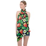 Strawberries Pattern Halter Asymmetric Satin Top