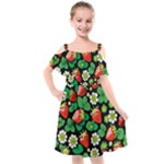 Strawberries Pattern Kids  Cut Out Shoulders Chiffon Dress