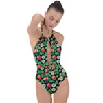 Strawberries Pattern Plunge Cut Halter Swimsuit