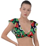 Strawberries Pattern Plunge Frill Sleeve Bikini Top