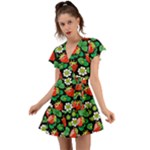 Strawberries Pattern Flutter Sleeve Wrap Dress