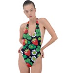 Strawberries Pattern Backless Halter One Piece Swimsuit