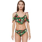 Strawberries Pattern Ruffle Edge Tie Up Bikini Set	