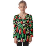 Strawberries Pattern Kids  V Neck Casual Top