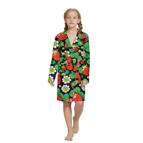 Strawberries Pattern Kids  Long Sleeve Velvet Lounge Robe from ArtsNow.com