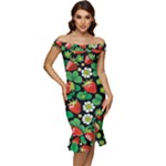 Strawberries Pattern Off Shoulder Ruffle Split Hem Bodycon Dress