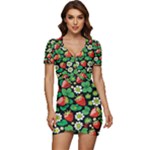 Strawberries Pattern Low Cut Cap Sleeve Mini Dress