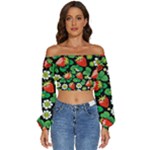 Strawberries Pattern Long Sleeve Crinkled Weave Crop Top