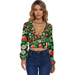 Strawberries Pattern Long Sleeve Deep-V Velour Top