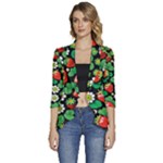 Strawberries Pattern Women s 3/4 Sleeve Ruffle Edge Open Front Jacket